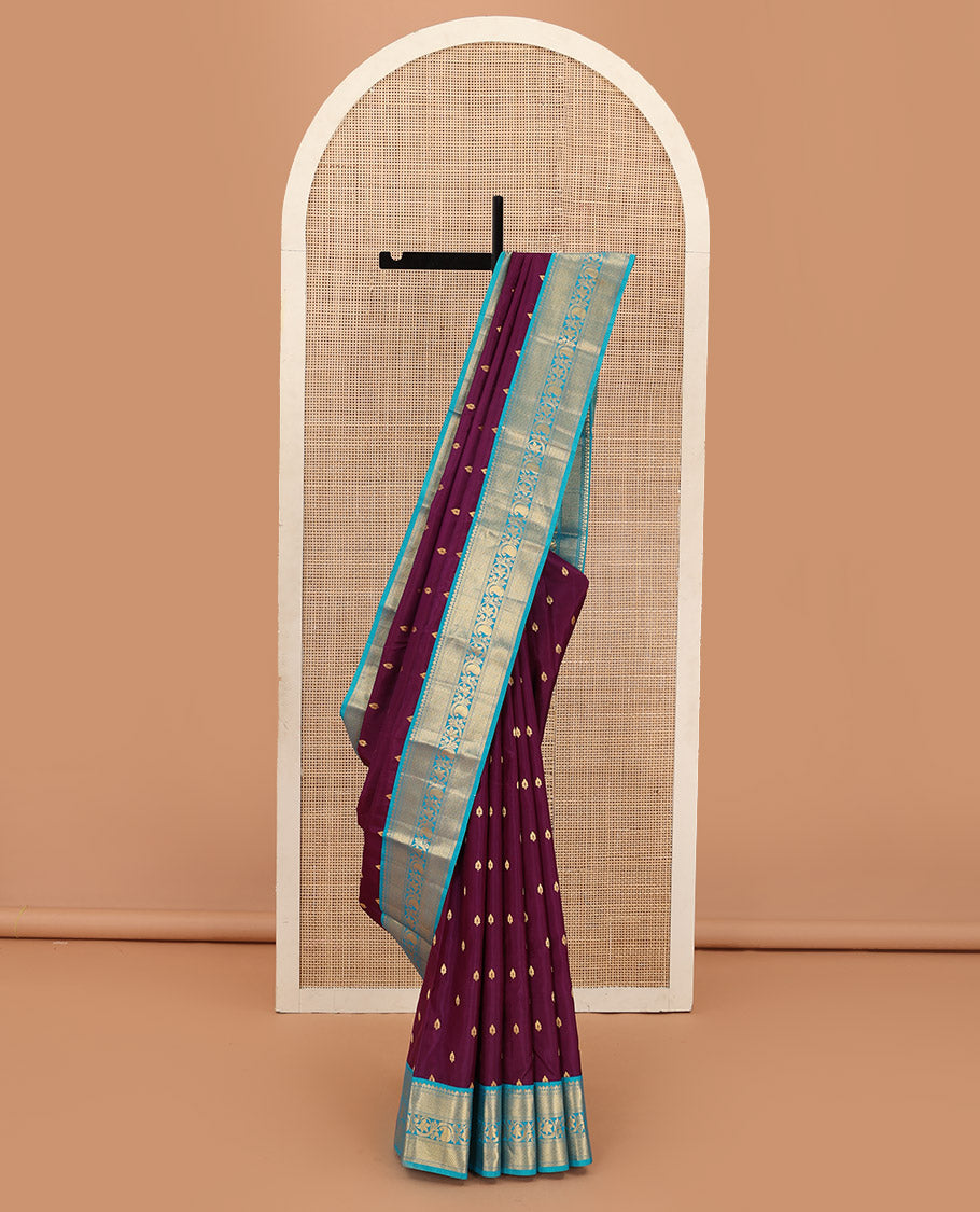 Purple zari buttas Bangalore silk saree, contrast traditional zari design border, and jaal pallu