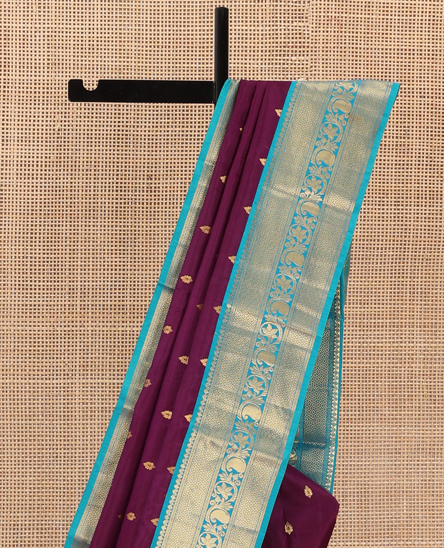 Purple zari buttas Bangalore silk saree, contrast traditional zari design border, and jaal pallu