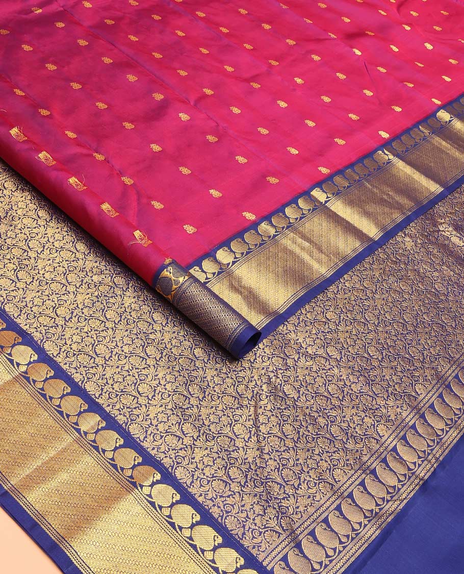Magenta zari buttas Bangalore silk saree, contrast traditional zari border of manga designs, and floral jaal pallu