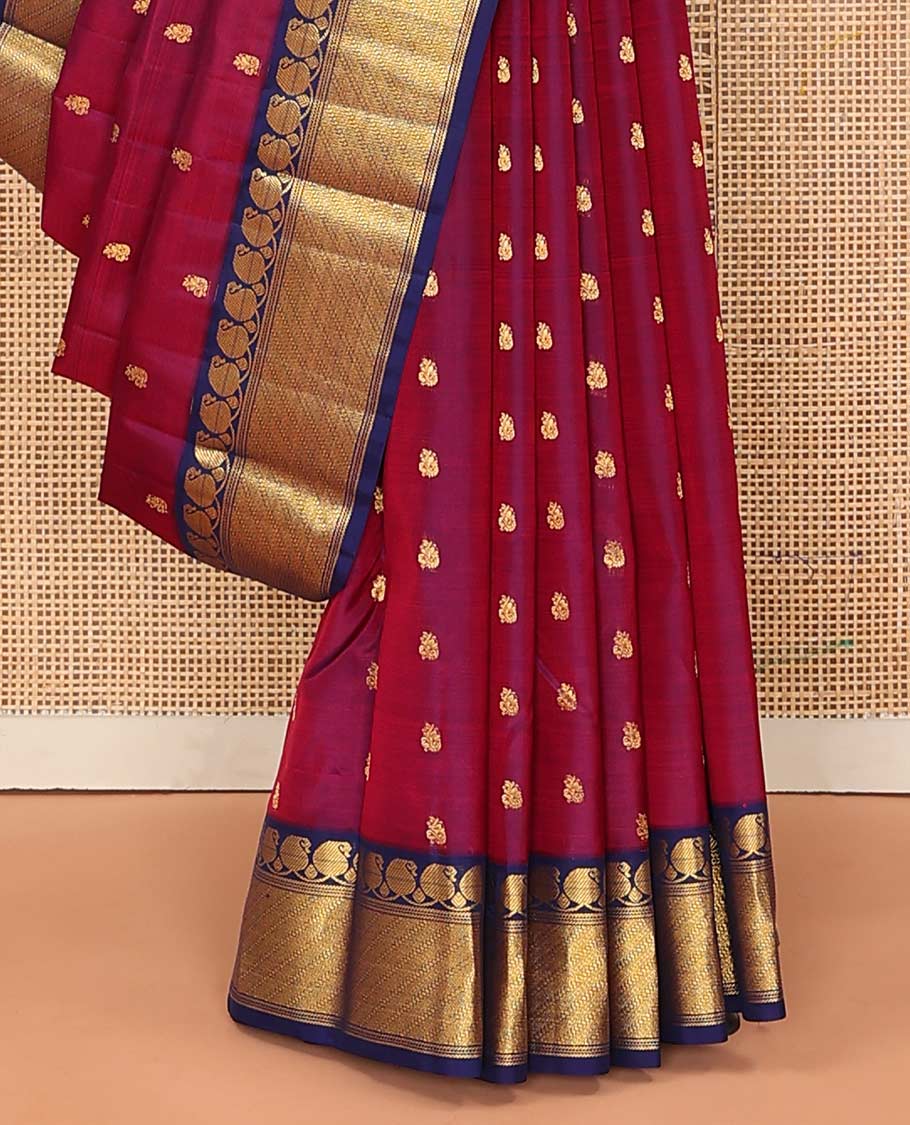 Magenta zari buttas Bangalore silk saree, contrast traditional zari border of manga designs, and floral jaal pallu