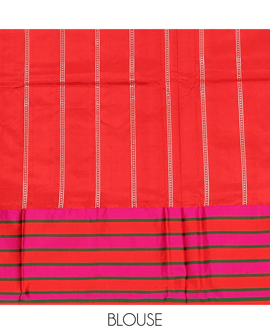 Cream zari buttas katan silk saree, contrast floral creeper design steeped border, and floral design weave pallu
