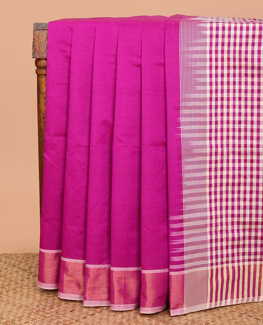 Rani Pink Plain Poly Cotton Saree, Complemented by a Contrast Zari Bavanji Border, Pallu of Micro-Checks, and Paired with a Contrast Blouse