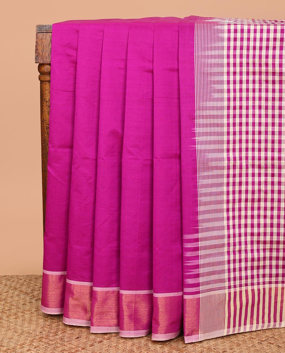 Rani Pink Plain Poly Cotton Saree, Complemented by a Contrast Zari Bavanji Border, Pallu of Micro-Checks, and Paired with a Contrast Blouse