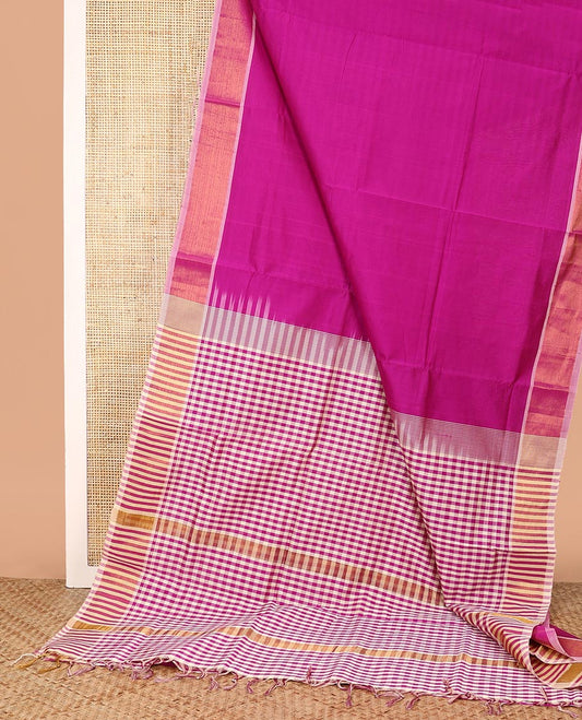 Rani Pink Plain Poly Cotton Saree, Complemented by a Contrast Zari Bavanji Border, Pallu of Micro-Checks, and Paired with a Contrast Blouse