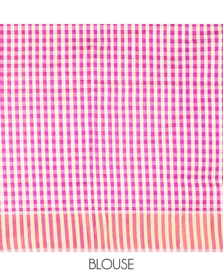 Rani Pink Plain Poly Cotton Saree, Complemented by a Contrast Zari Bavanji Border, Pallu of Micro-Checks, and Paired with a Contrast Blouse