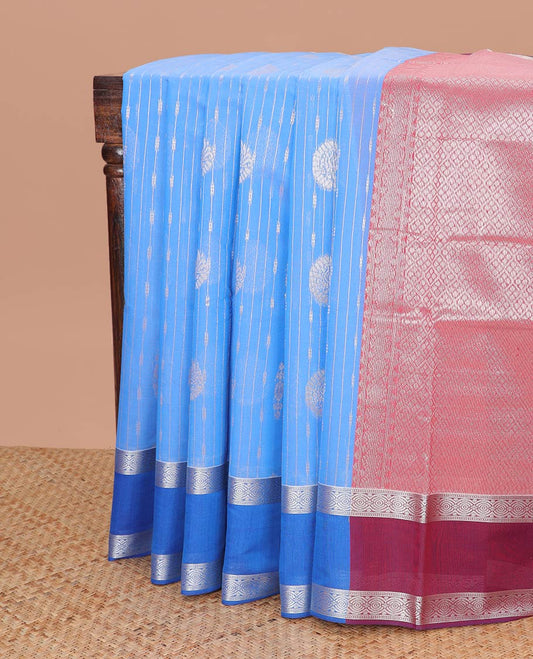 Light blue striped, floral design semi silk cotton saree with contrast rettai pettu zari design border & geometric design pallu