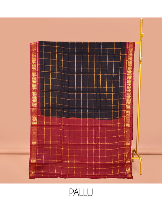 Black Sungudi Cotton Saree, Gleamed up with Zari Checks on Its Body, Complemented by a Contrast Peacock Motifs Woven Zari Border, Zari-Checked Pallu, and Paired with a Contrast Blouse