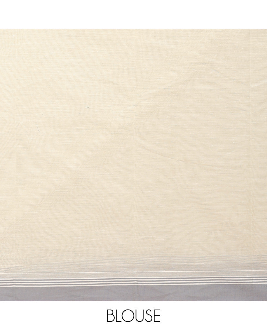 Beige buttas kanchi cotton saree, contrast plain border, and floral design pallu