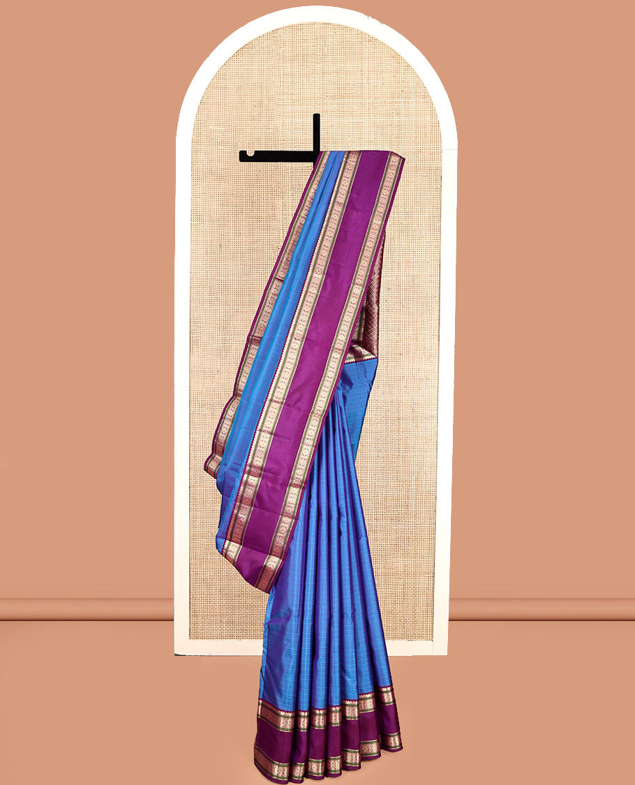 Blue Striped Kanchipuram Silk Saree, Complemented by Contrast Rettai Pettu Border, Pallu of Intricate Designs, and a Contrast Blouse