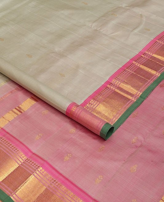 Grey zari buttas Kanchipuram silk saree, contrast one-sided border of panner sombu,banaras & jaal & zari design pallu