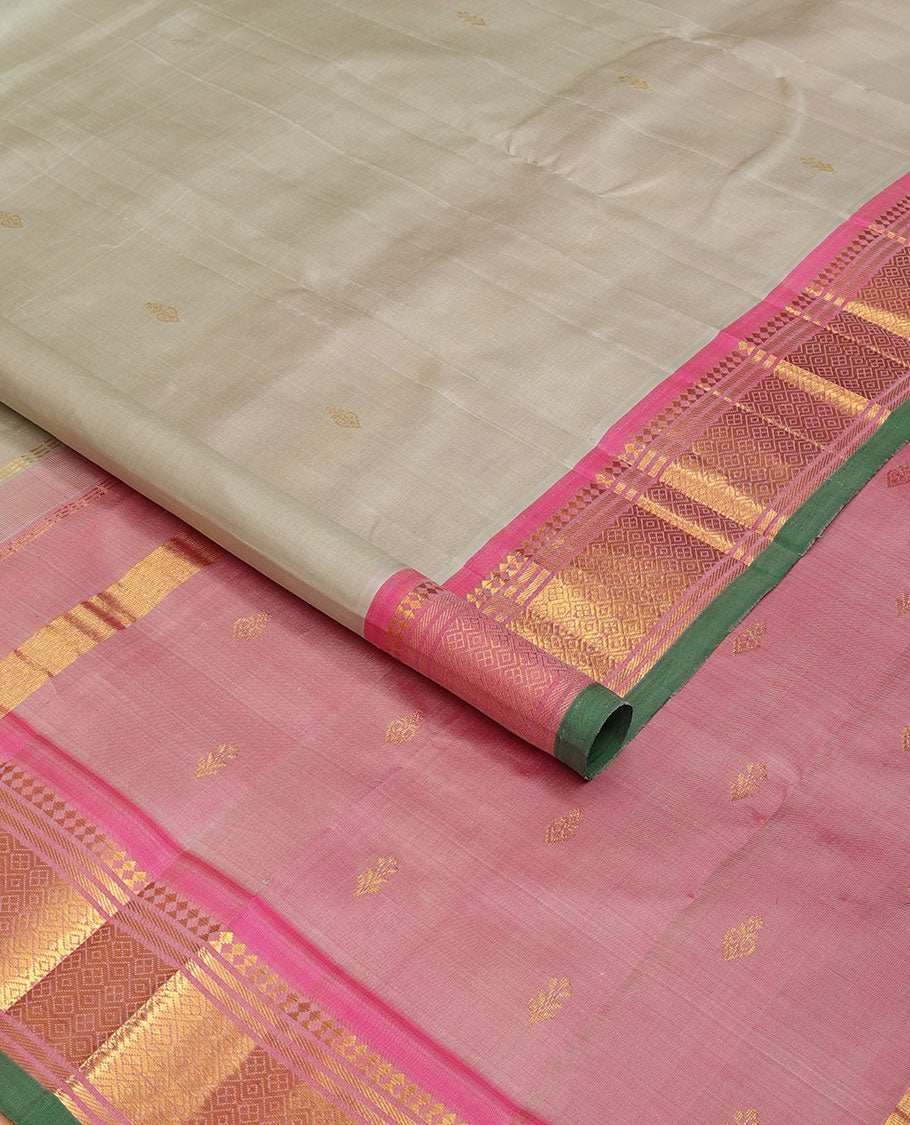 Grey zari buttas Kanchipuram silk saree, contrast one-sided border of panner sombu,banaras & jaal & zari design pallu