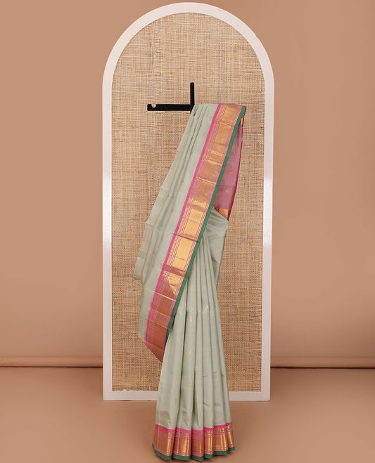Grey zari buttas Kanchipuram silk saree, contrast one-sided border of panner sombu,banaras & jaal & zari design pallu