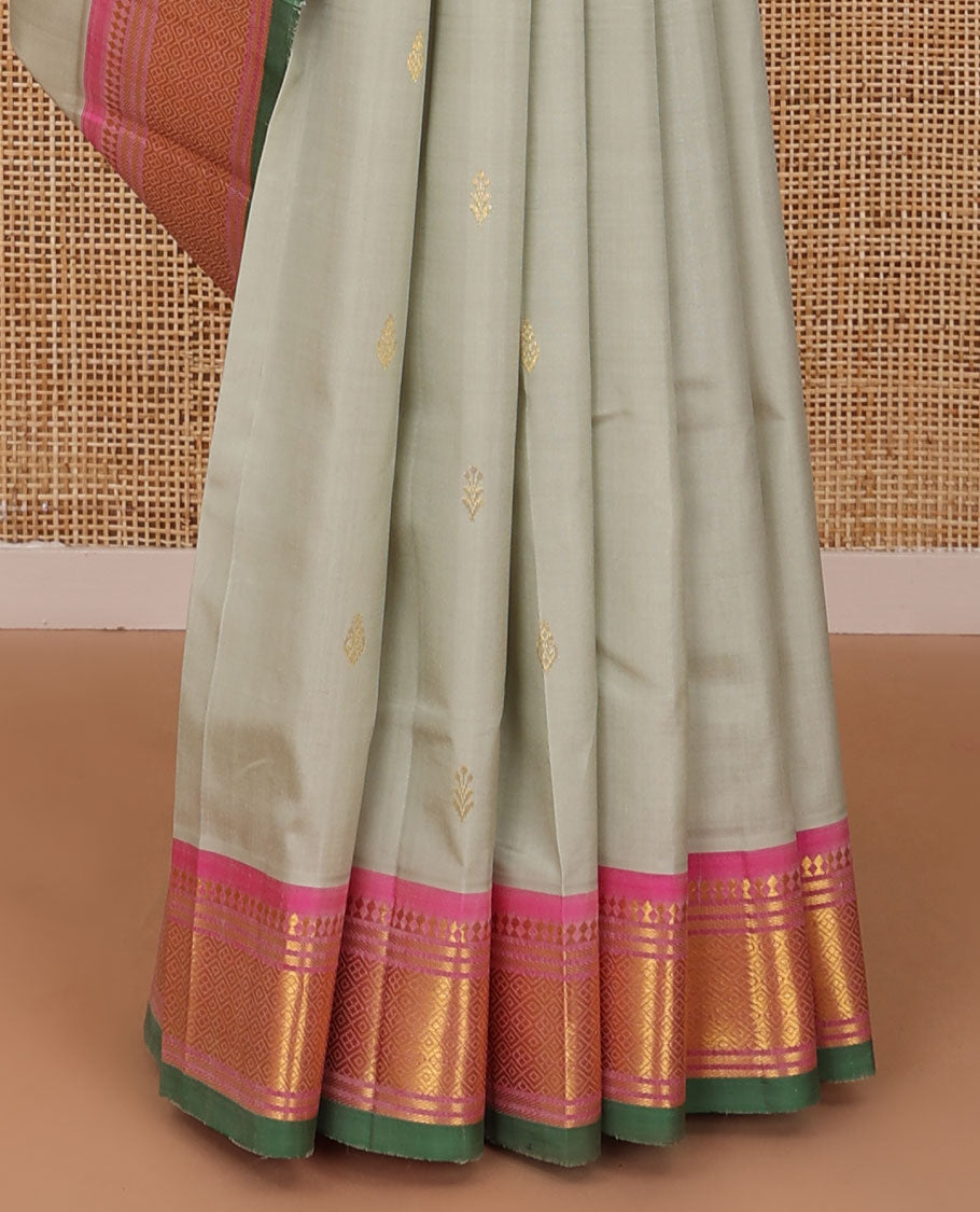 Grey zari buttas Kanchipuram silk saree, contrast one-sided border of panner sombu,banaras & jaal & zari design pallu