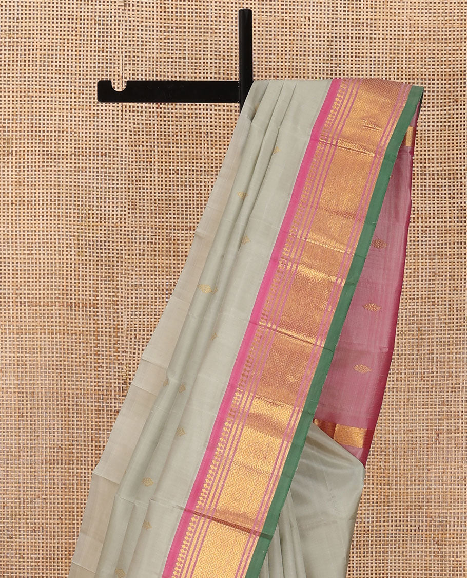 Grey zari buttas Kanchipuram silk saree, contrast one-sided border of panner sombu,banaras & jaal & zari design pallu