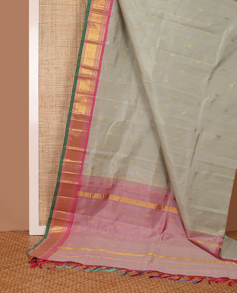 Grey zari buttas Kanchipuram silk saree, contrast one-sided border of panner sombu,banaras & jaal & zari design pallu