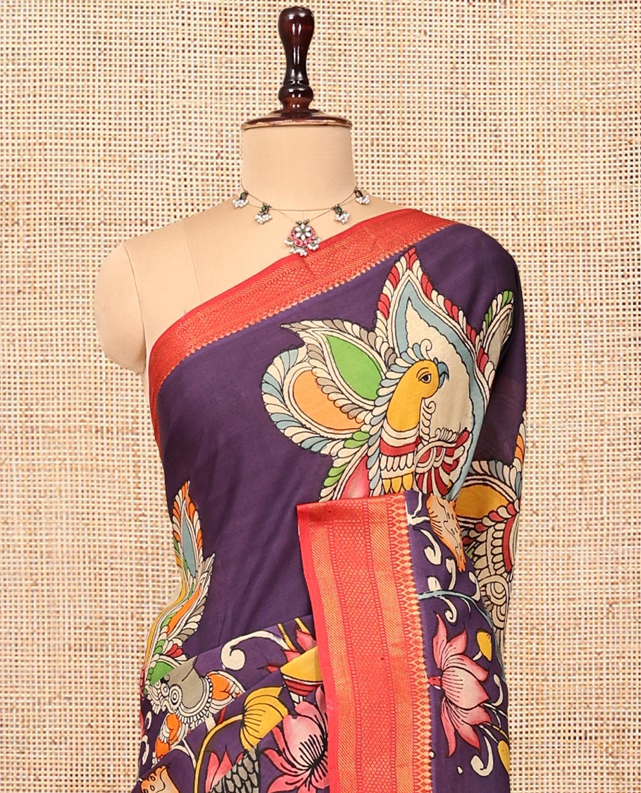 Purple Kalamkari Printed Semi-Banarasi Tussar Saree, Bedecked with Flora, Fauna, and Human Motifs, Contrast Traditional Border, Contrast Printed Pallu, and a Contrast Blouse