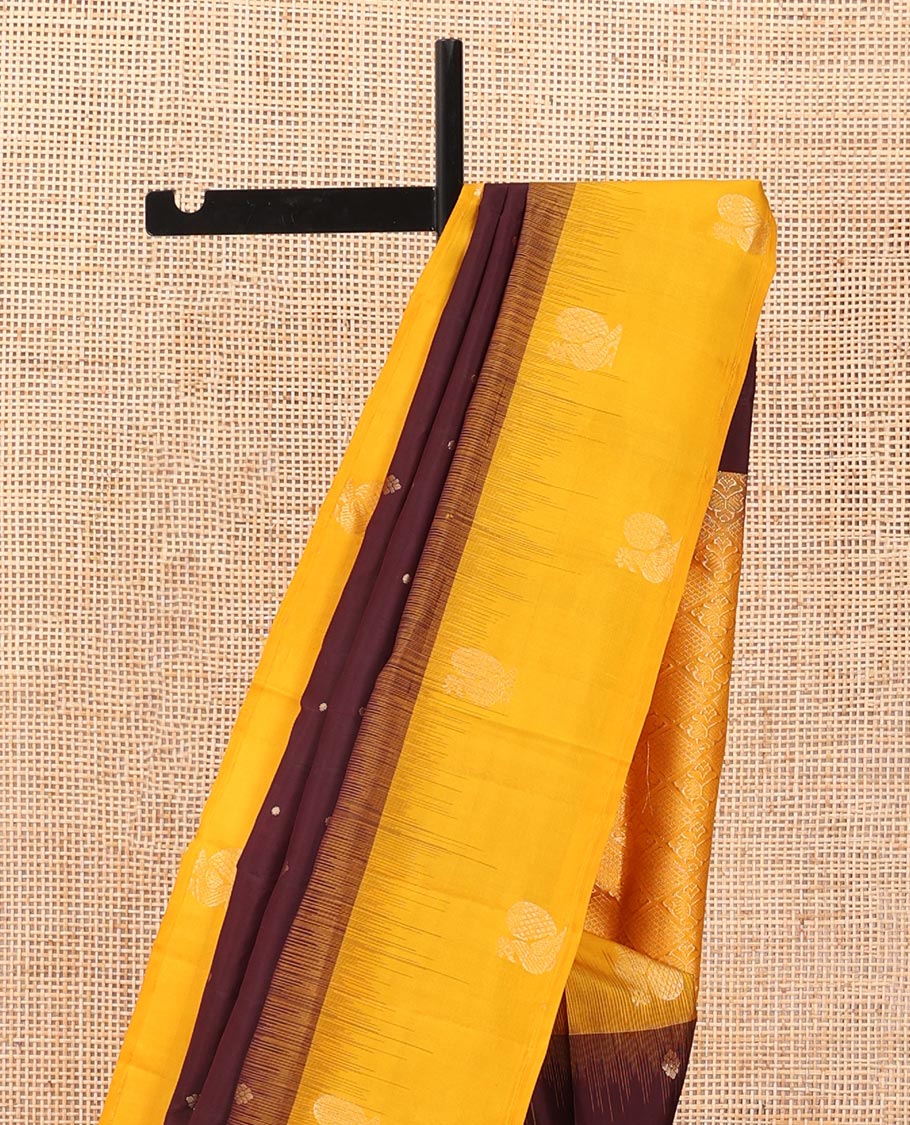 Maroon zari buttas soft silk saree, contrast temple border & rettai manga motifs enclosed jaal design pallu