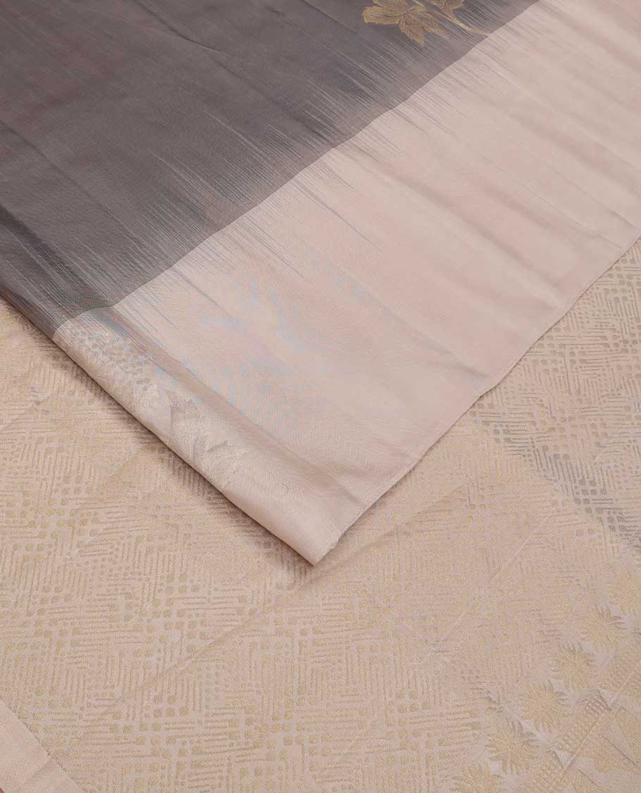 Grey floral buttas soft silk saree, contrast border of floral buttas, and jaal pallu