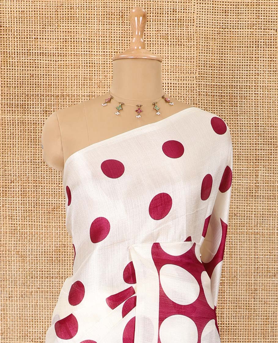 Borderless cream and purple polka dots printed art khadi cotton saree, pallu steeped with polka dots, and a contrast tiny polka dots printed blouse