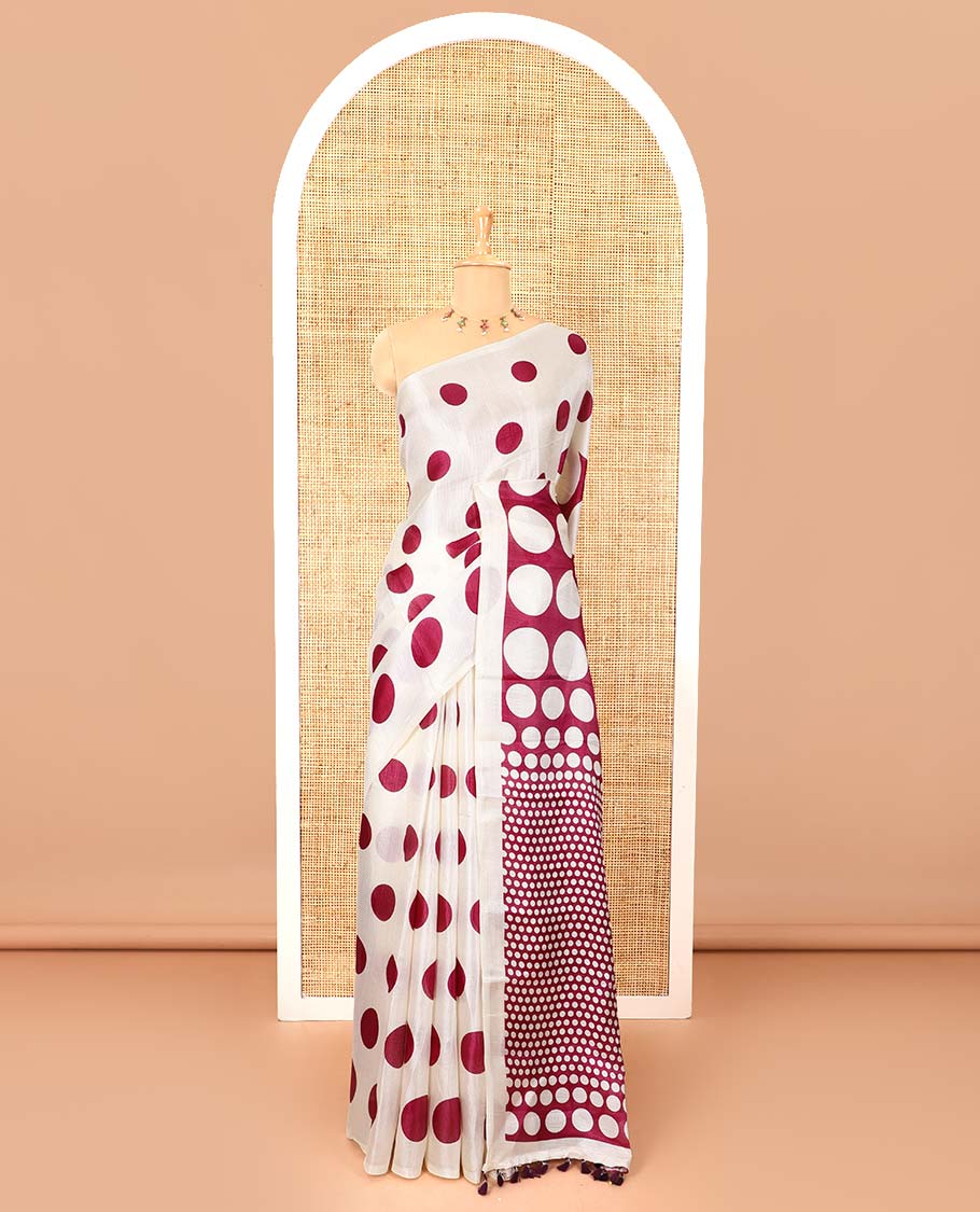 Borderless cream and purple polka dots printed art khadi cotton saree, pallu steeped with polka dots, and a contrast tiny polka dots printed blouse
