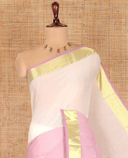 Cream-Lavender Half-And-Half Plain Khadi Mul Cotton Saree, a Gold Zari Border, Striped Pallu, and No Blouse