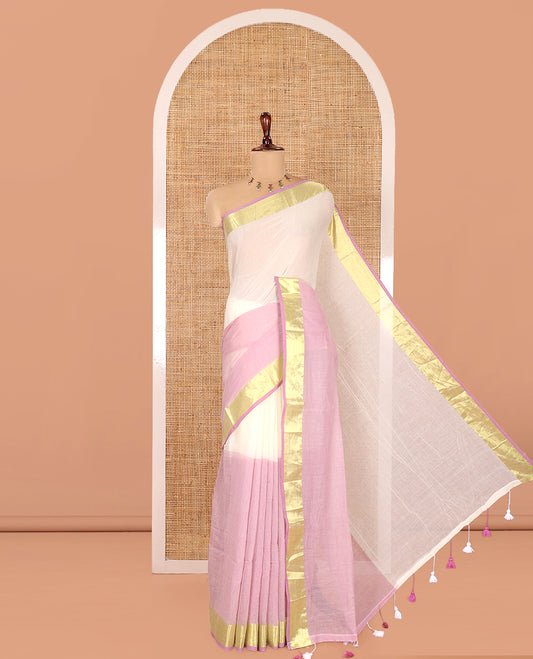Cream-Lavender Half-And-Half Plain Khadi Mul Cotton Saree, a Gold Zari Border, Striped Pallu, and No Blouse