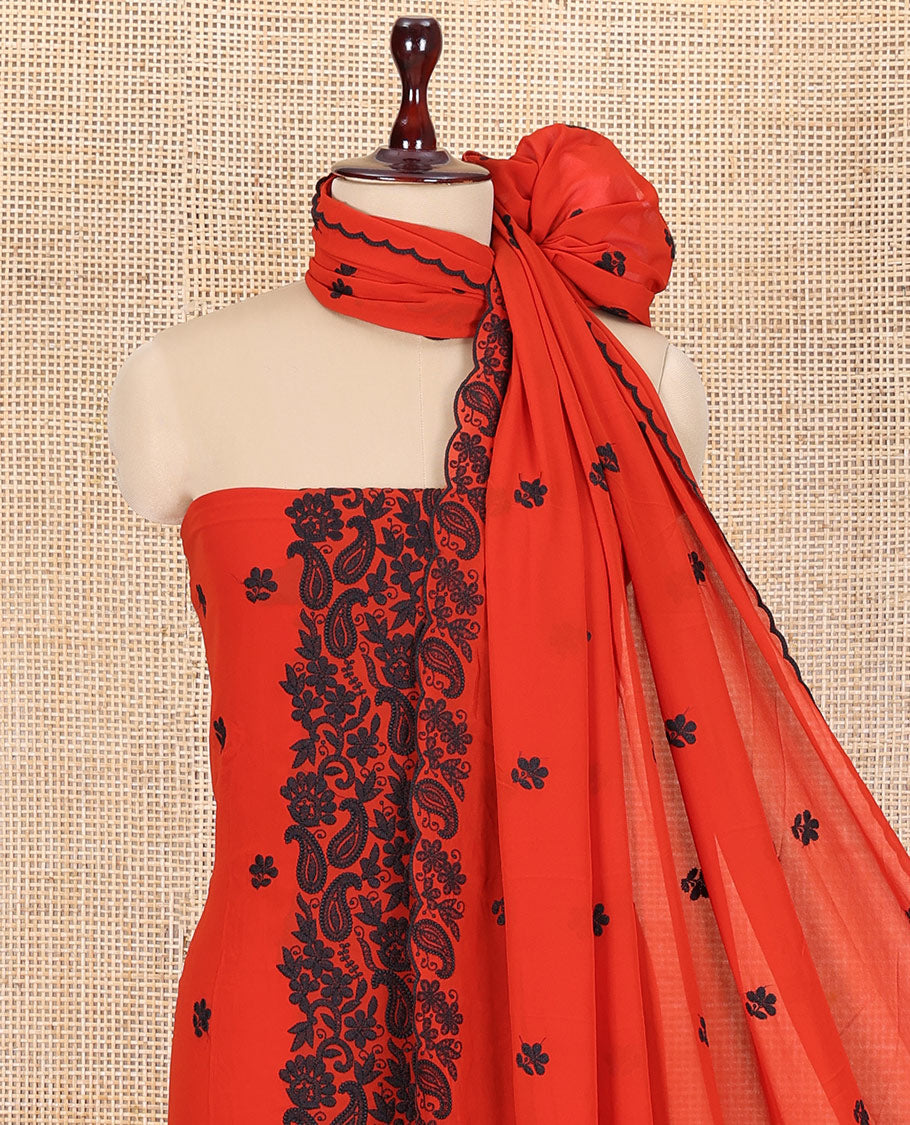 Rust-Black Georgette Material Churidar Features Floral-Paisley Embroidery Top, a American Crepe Bottom, a Scallop Embroidered Dupatta
