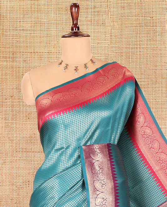 Peacock Green Zari Checked Litchi Saree with Contrast Ganga-Jamuna Border, Grand Pallu, and a Contrast Blouse