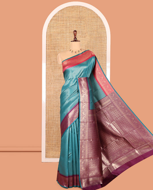 Peacock Green Zari Checked Litchi Saree with Contrast Ganga-Jamuna Border, Grand Pallu, and a Contrast Blouse