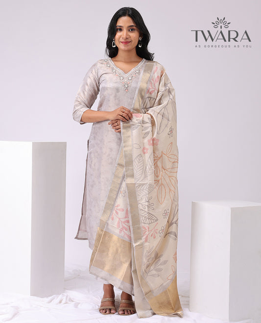 Twara cream floral embroidered v neck , 3/4 th sleeve , below knee lenght kurti with straign pants & floral design dupatta