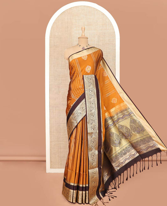 Orange Semi-Soft Silk Saree Elevated with Intricate Designs Woven All Over Its Body, Complemented by Contrast Traditional Zari Design Rettai Pettu Border, Opulently Embellished Pallu of Intricate Zari Designs, and Paired with a Contrast Blouse