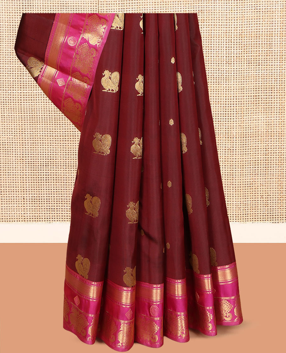 Maroon Vasundhara Lite Silk Mix Saree, Woven with Mayil Buttas, a Contrast Border of Rekku, Banaras, Mayil Kann, and Annam Designs, Grand Pallu, and a Contrast Blouse