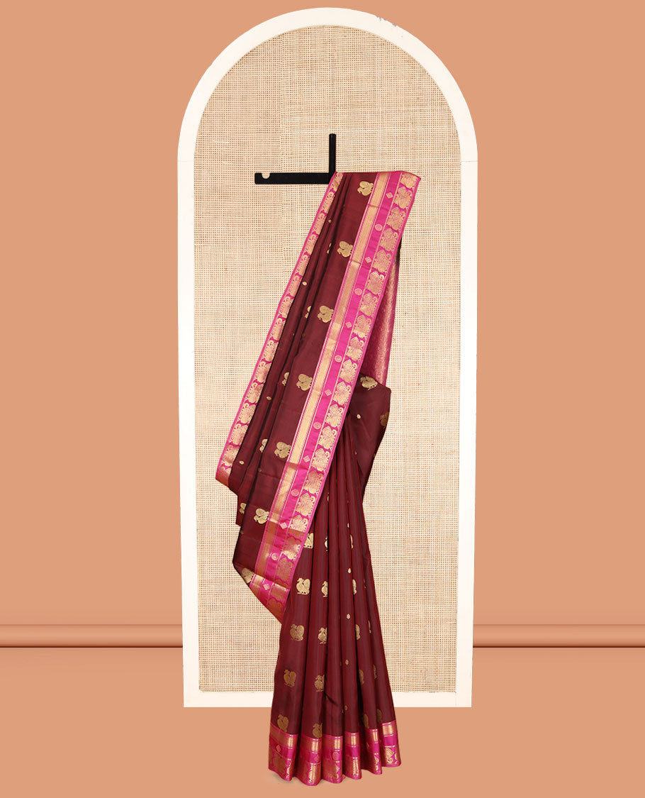 Maroon Vasundhara Lite Silk Mix Saree, Woven with Mayil Buttas, a Contrast Border of Rekku, Banaras, Mayil Kann, and Annam Designs, Grand Pallu, and a Contrast Blouse