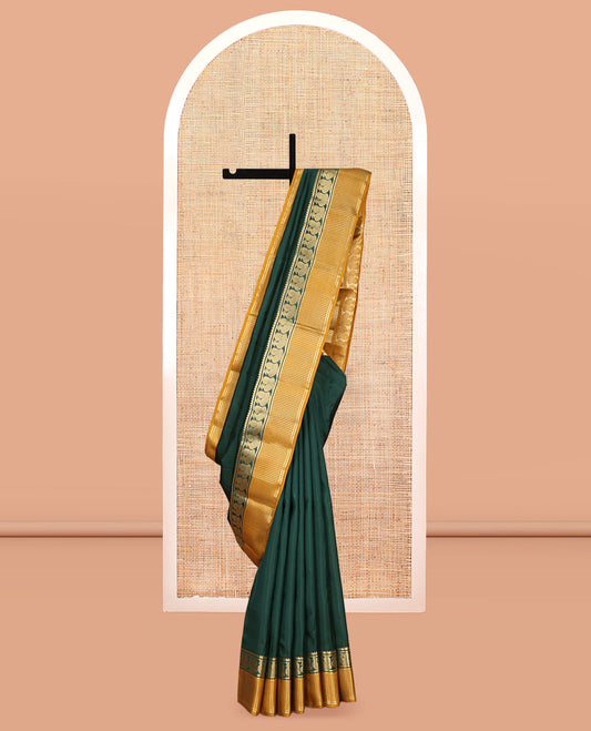 Green Plain Vasundhara Lite Silk Mix Saree, a Contrast Checked Border of Mayil Designs, Grand Pallu, and a Contrast Blouse