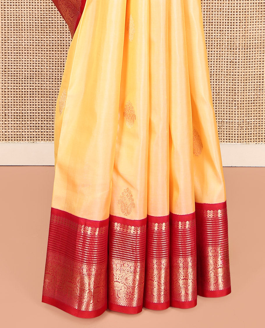 Yellow Vasundhara Silk Saree, Sparsely Woven with Zari Buttas, Complemented by Contrast Traditional Border, Jaal Pallu, and a Contrast Blouse