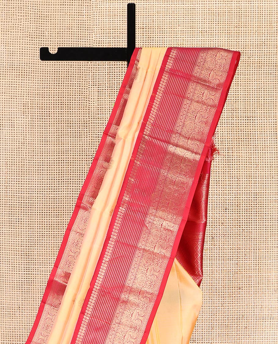 Yellow Vasundhara Silk Saree, Sparsely Woven with Zari Buttas, Complemented by Contrast Traditional Border, Jaal Pallu, and a Contrast Blouse