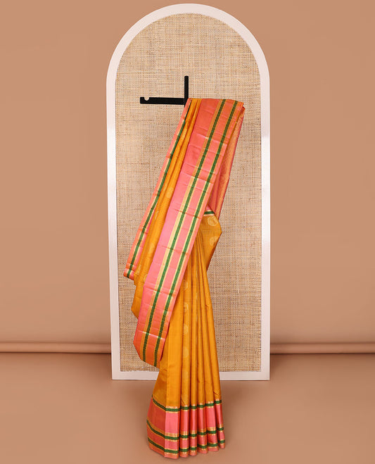 Orange checked. buttas silk saree with contrast rettai pettu intricate zari design border & jaal design pallu