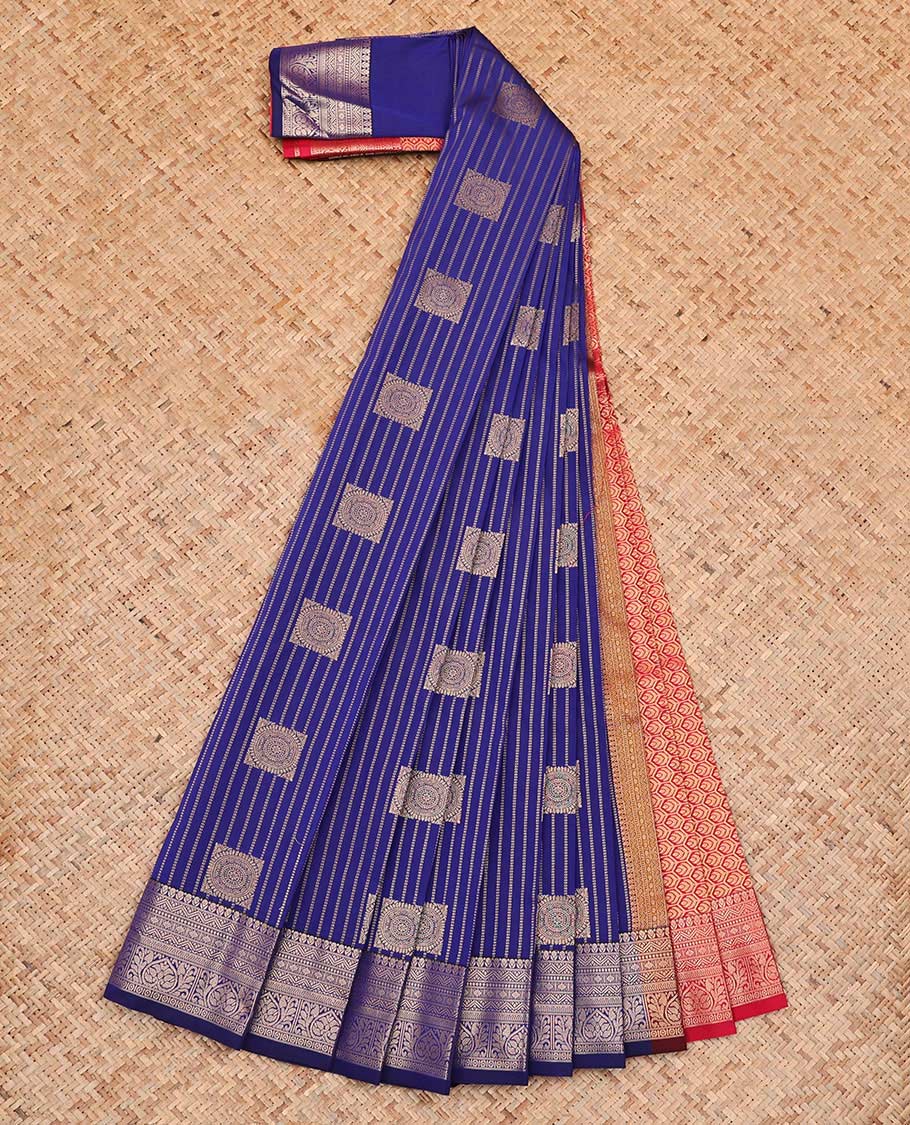 Blue Budget Silk Saree, Delicately Decked Up with Zari Buttas and Stripes All Over Its Body, Highlighted by Traditional Zari Designs Woven Border Contrast Grand Pallu and Paired with a Contrast Blouse