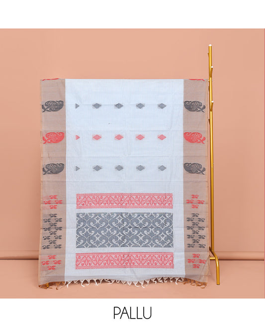 Blue Kanchi Cotton Saree Woven with Sparsely Stripes and Buttas All Over Its Body, Complemented by Contrast Border of Leaf Motifs, Intricate Pallu and Paired with a Matching Blouse