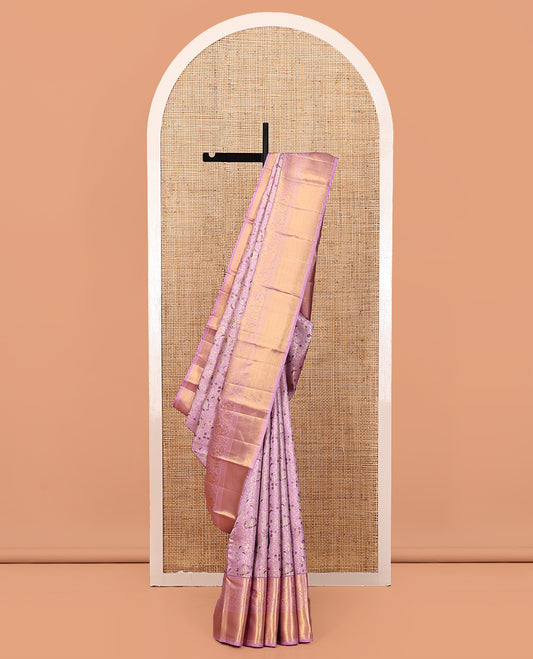 Pink Kanchipuram Tissue Silk Saree, Artfully Detailed with Floral Jacquard, Zari Border of Muthu, Kathir, Kuyil Kann, Mayil Kann, and Kodi Visiry Designs, Grand Pallu, and Matching Blouse