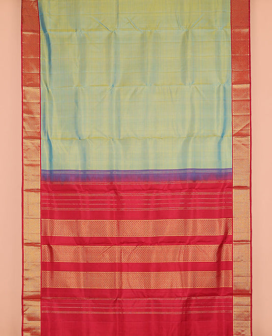 Blue dual-toned plain nine-yard silk saree, contrast ara maadam design korvai border, and pallu of ara maadam designs