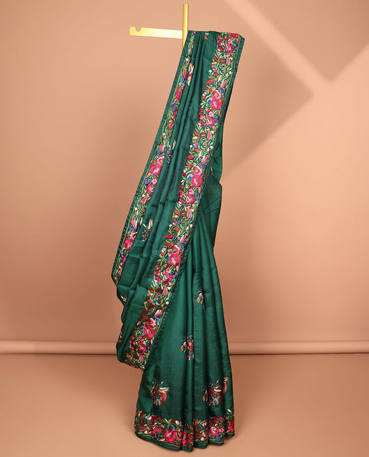 Dark green all-over floral motifs thread embroidery tussar silk saree with self floral embroidery border