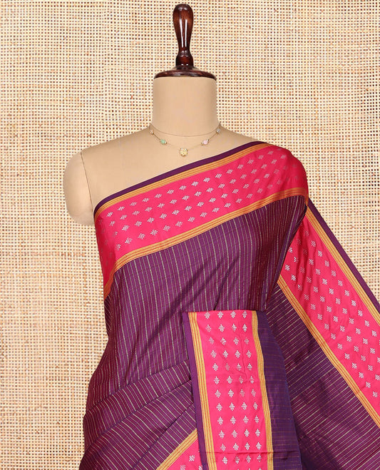 Purple Aarani Gift Saree, Adorned with Zari Stripes on Its Body, Complemented by a Contrast Zari Buttas Border, Pallu of Stripes, and Paired with a Matching Blouse
