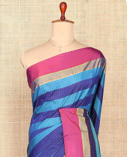 Blue Aarani Silk Saree, Accentuated with Buttas and Stripes, Complemented by a Contrast Border, Striped Pallu, and Paired with a Matching Blouse