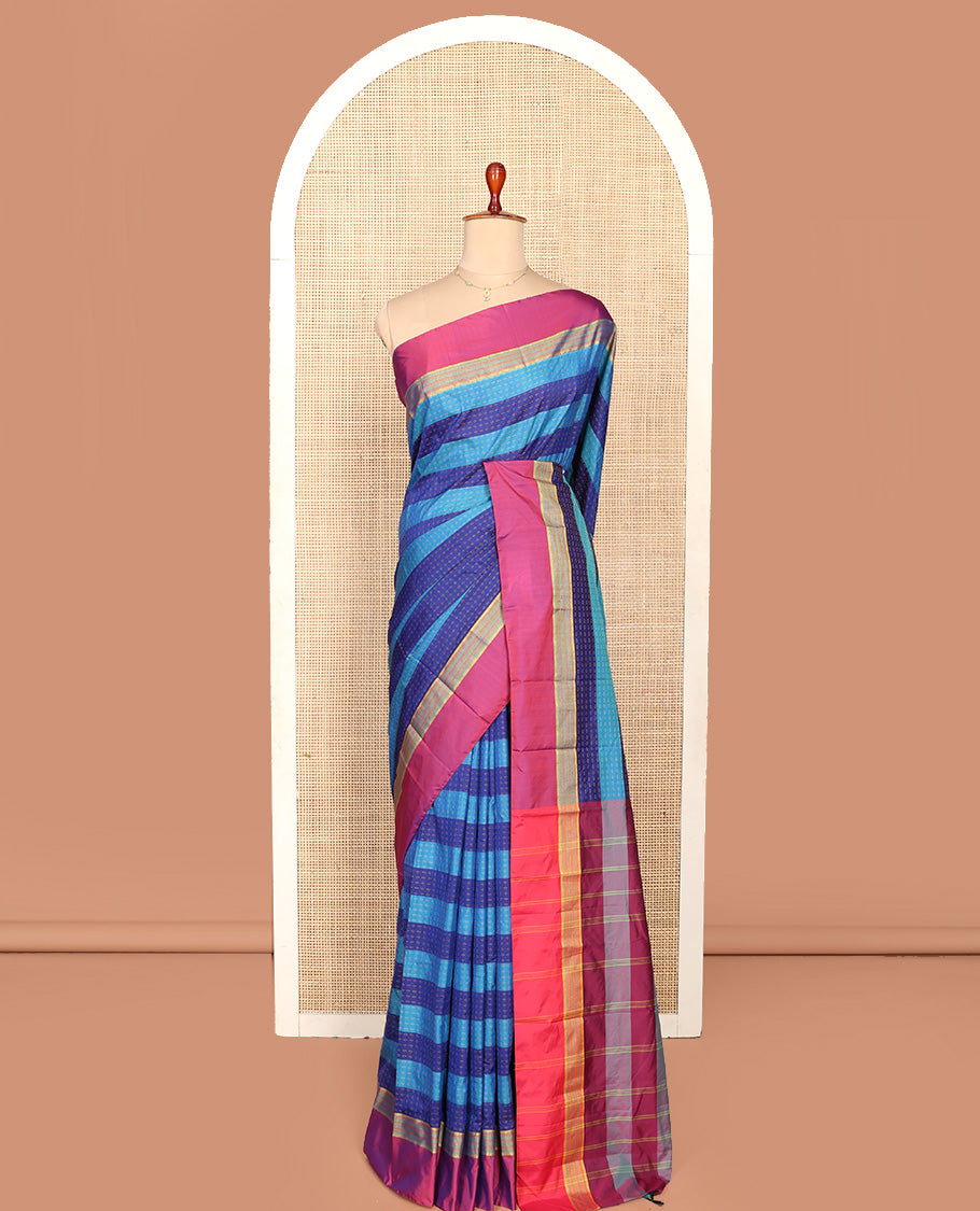 Blue Aarani Silk Saree, Accentuated with Buttas and Stripes, Complemented by a Contrast Border, Striped Pallu, and Paired with a Matching Blouse