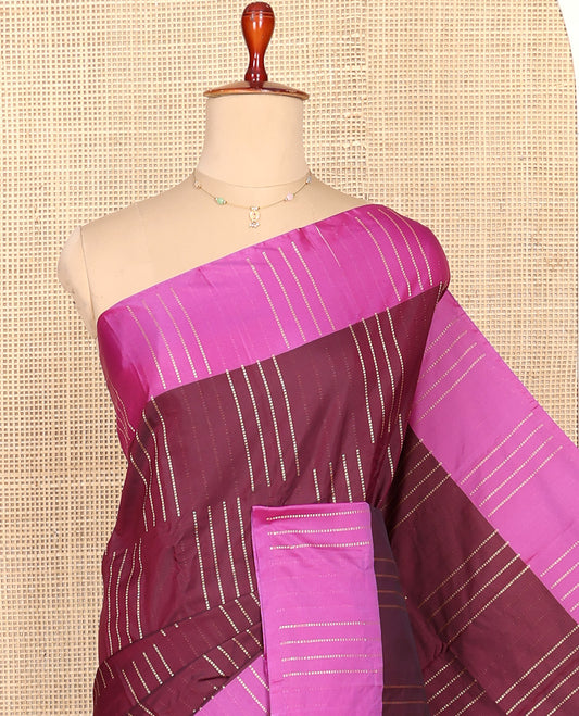 Brown Aarani Silk Saree, Charmingly Accented with Zari Stripes All Over Its Body, Complemented by a Contrast Zari Striped Border, Pallu of Stripes, and Paired with a Matching Blouse
