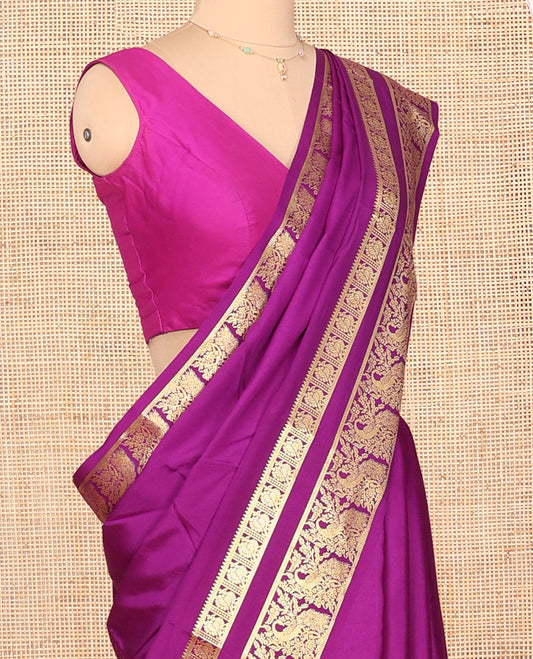 Purple Plain Mysore Silk Saree, Artfully Designed with Zari Border of Peacock Designs, Sparsely Woven Pallu of Stripes, and Paired with a Matching Blouse