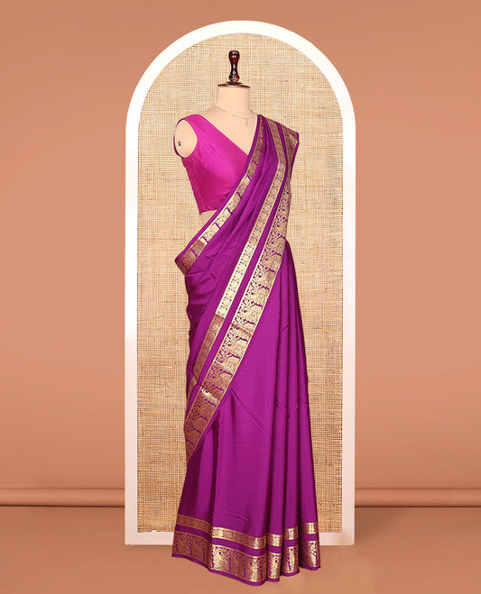 Purple Plain Mysore Silk Saree, Artfully Designed with Zari Border of Peacock Designs, Sparsely Woven Pallu of Stripes, and Paired with a Matching Blouse