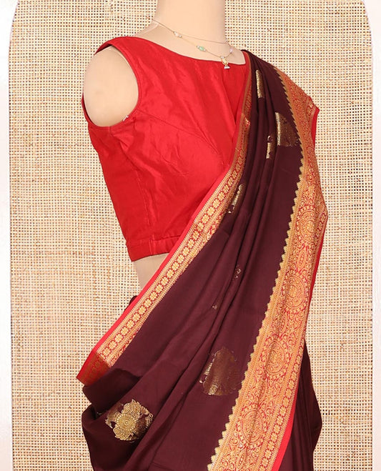 Brown Mysore Silk Saree, Beautified with Geometric Zari Designs All Over Its Body, Complemented by Captivating Contrast Border of Traditional Zari Designs, Gleaming Zari Striped Pallu, and Paired with a Contrast Blouse