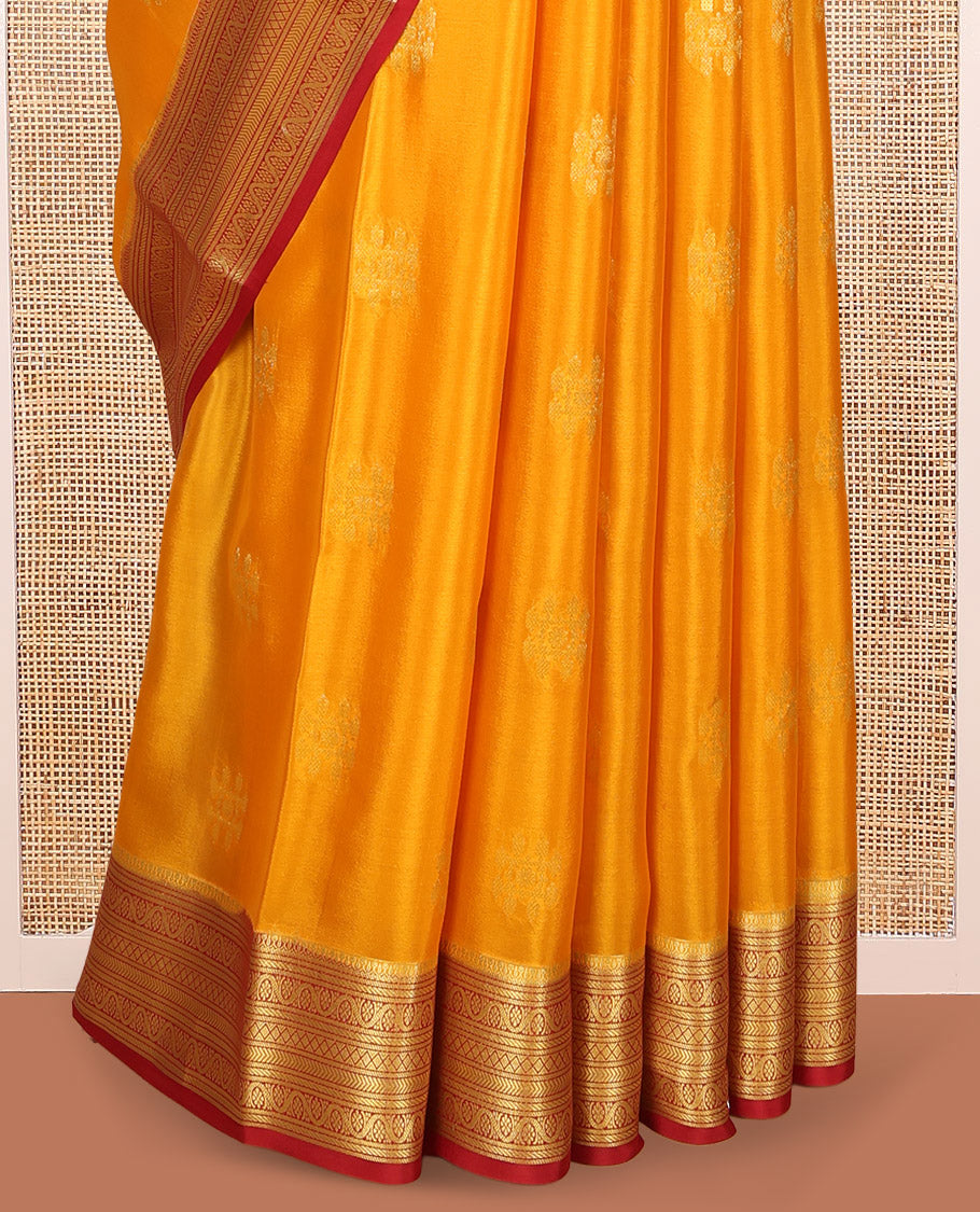 Yellow Mysore Silk Saree, Detailed with Zari Buttas, Complemented by a Contrast Traditional Zari Border, Jaal Pallu, and a Contrast Blouse